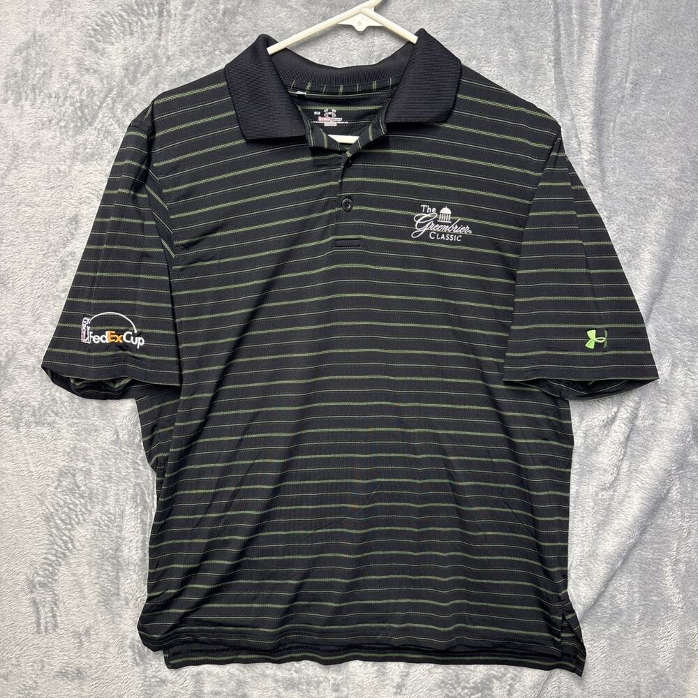 Under Armour Heatgear Polo Shirt Mens SM Greenbrier Classic Black Green Striped